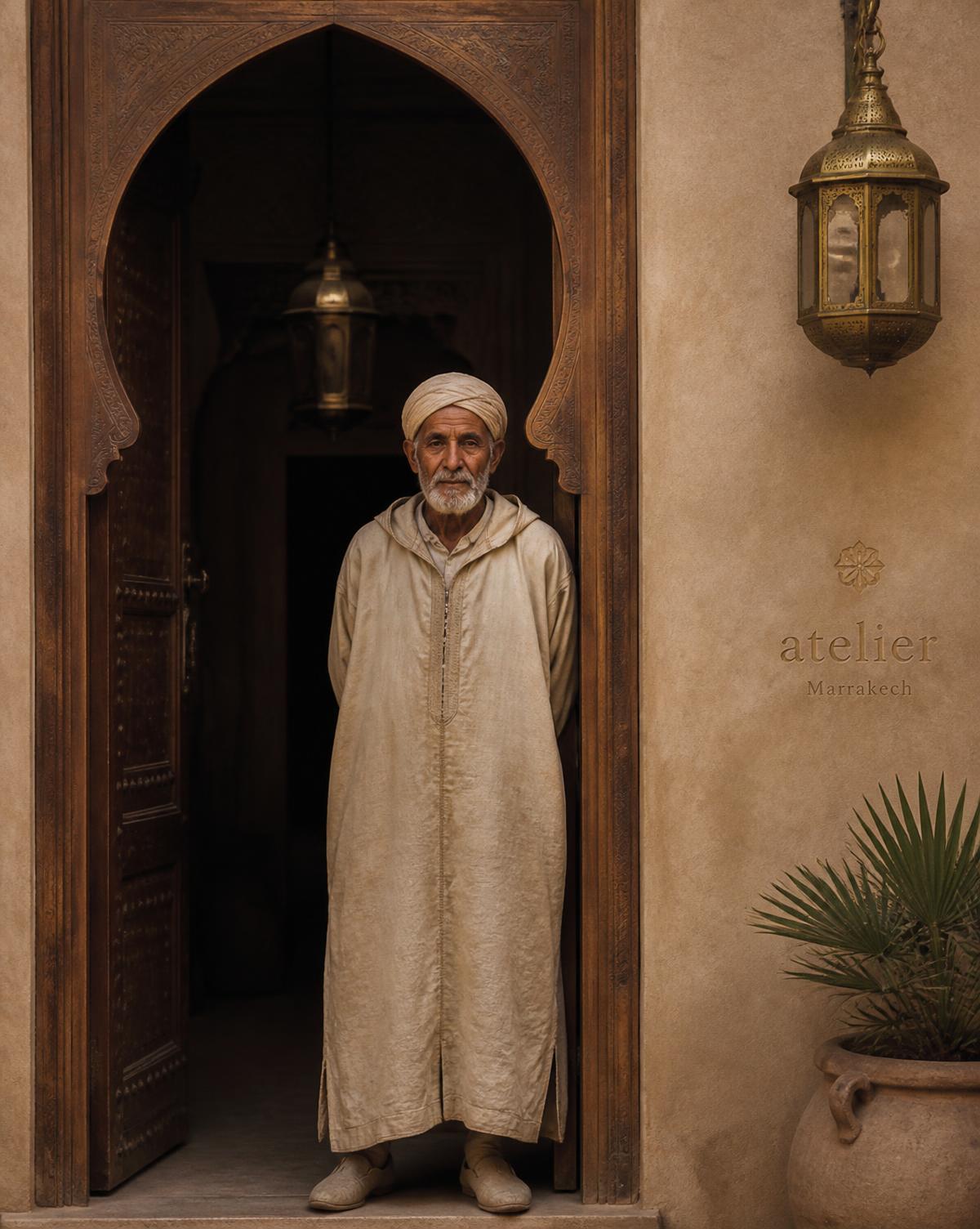 A Moroccan host waiting in a carved riad doorway